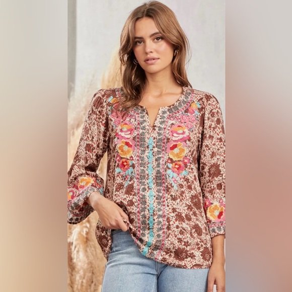 Savanna Jane Tops - Savanna Jane Embroidered Floral 3/4 Sleeve Top Boho Size Large